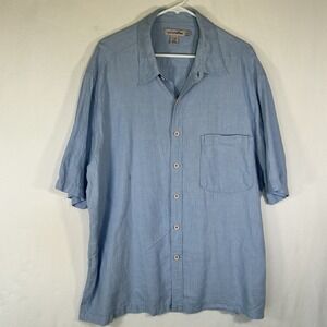 QUICKREFLEX Men XL Linen Shirt Light Blue Short Sleeve Tesorr Beach Button Up